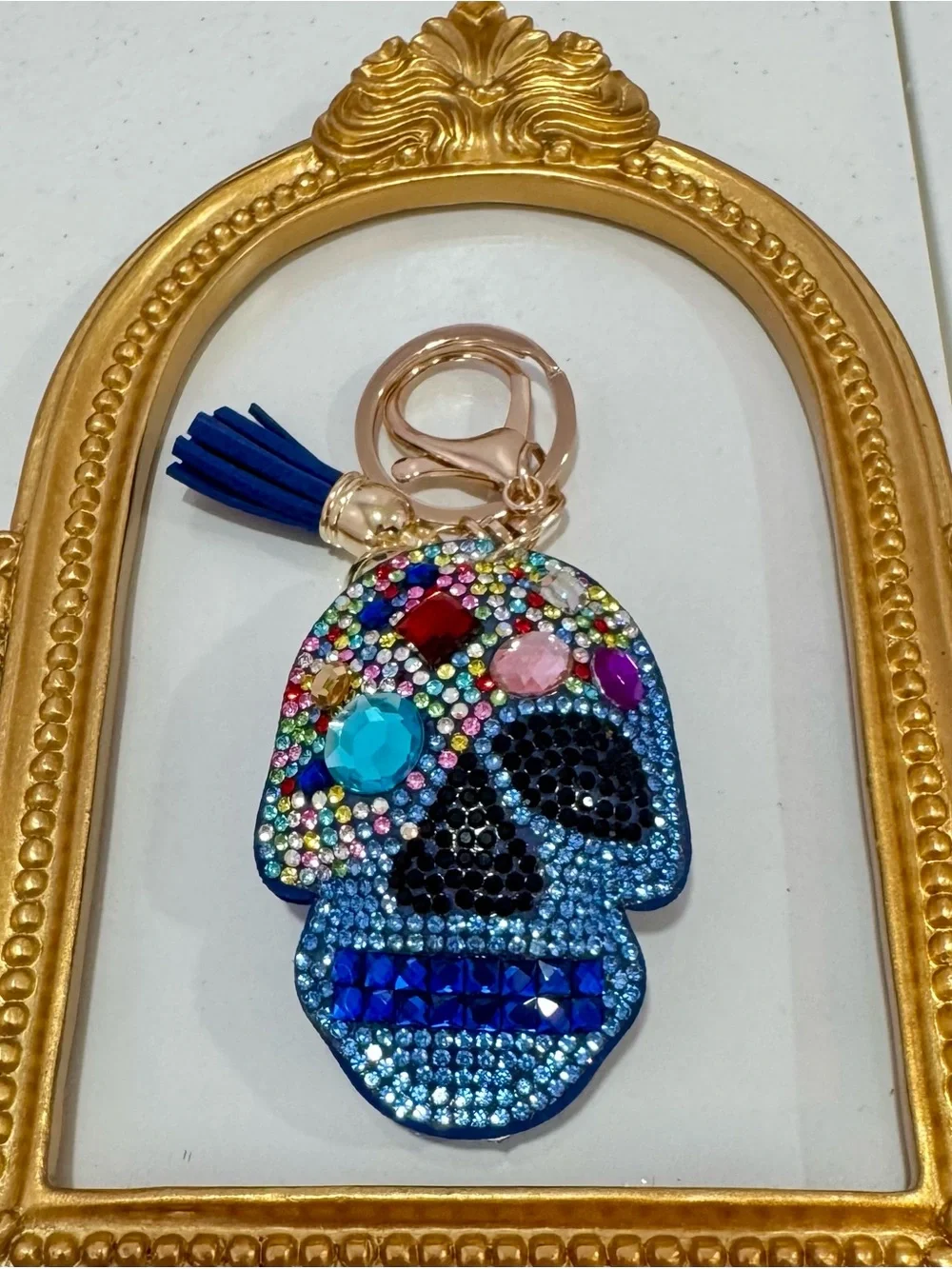 New Blue Multicolor Rhinestone Sugar Skull Keychain with Tassel